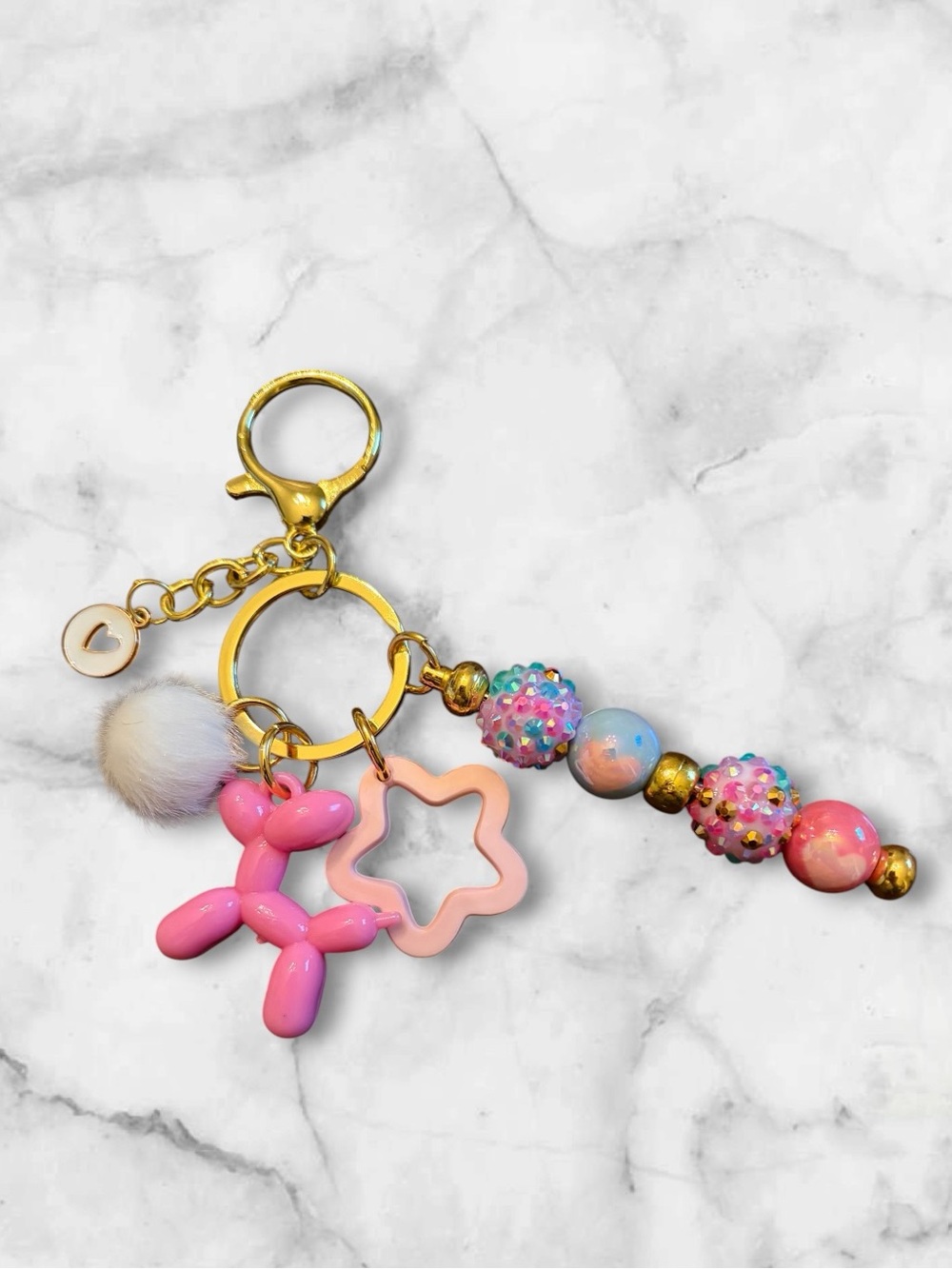 Pink Balloon Dog & Star Keychain Charm with Pom Pom and Beaded Accent